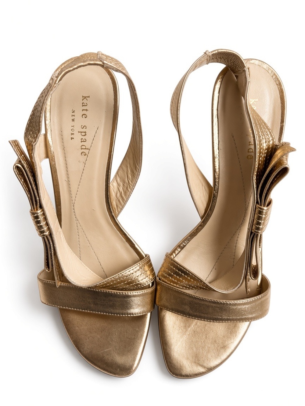 Kate Spade New York Gold Leather Bow Slingback Heels Sandals Size 8